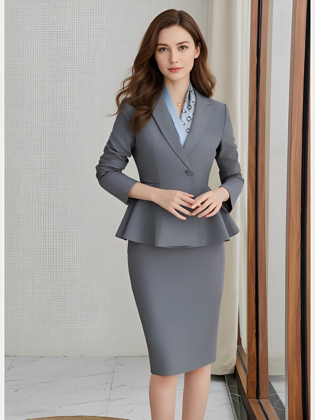 Grey long-sleeve suit + skirt