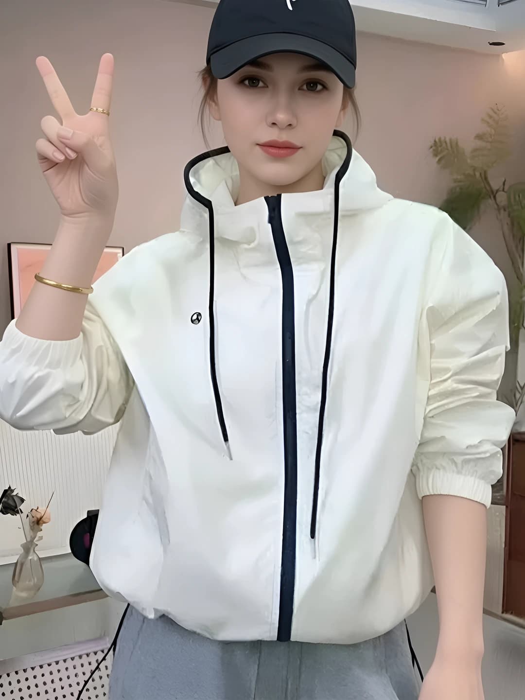 Women's light hooded windbreaker jacket, cropped, summer, loose fit, long sleeve, zip, for petite