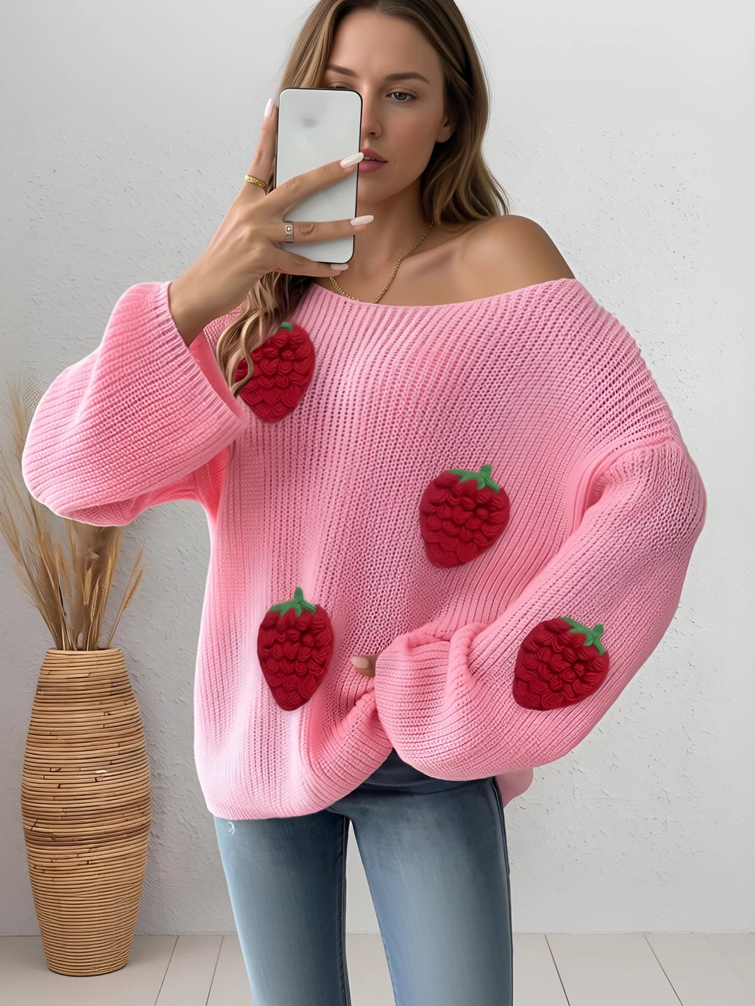 Women's sweater: loose fit, crew neck, long sleeve, bell sleeve, medium thickness, polyester fabric, fruit pattern, lace design element, street style