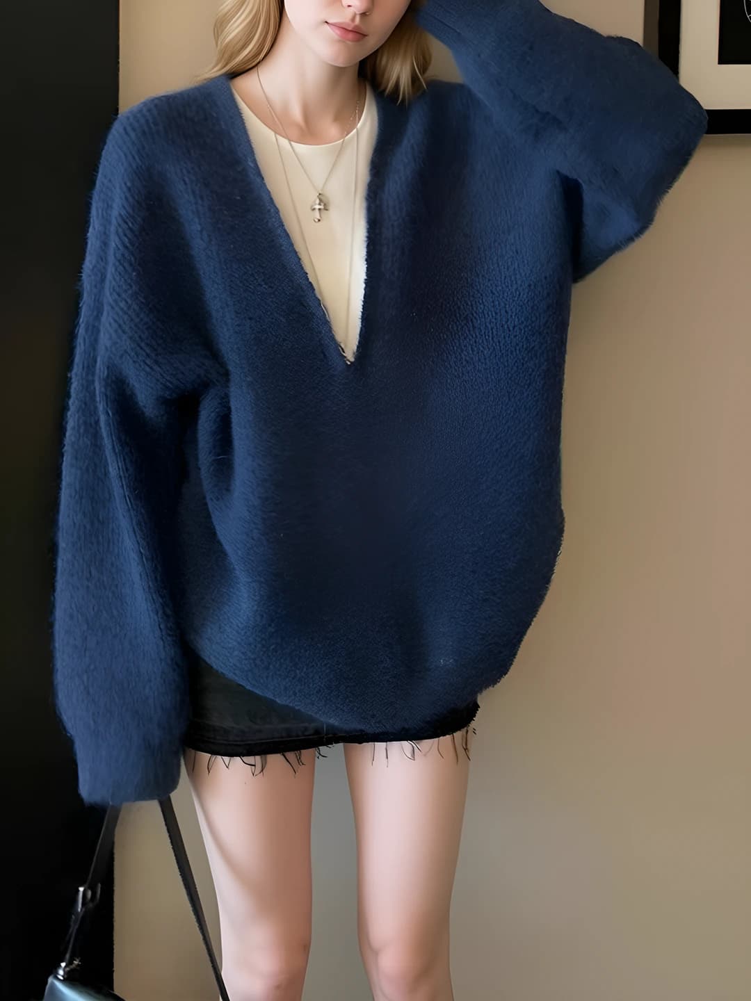 Women's wool knit sweater, retro, autumn-winter, crew neck, long sleeve, loose fit, fake two-piece style