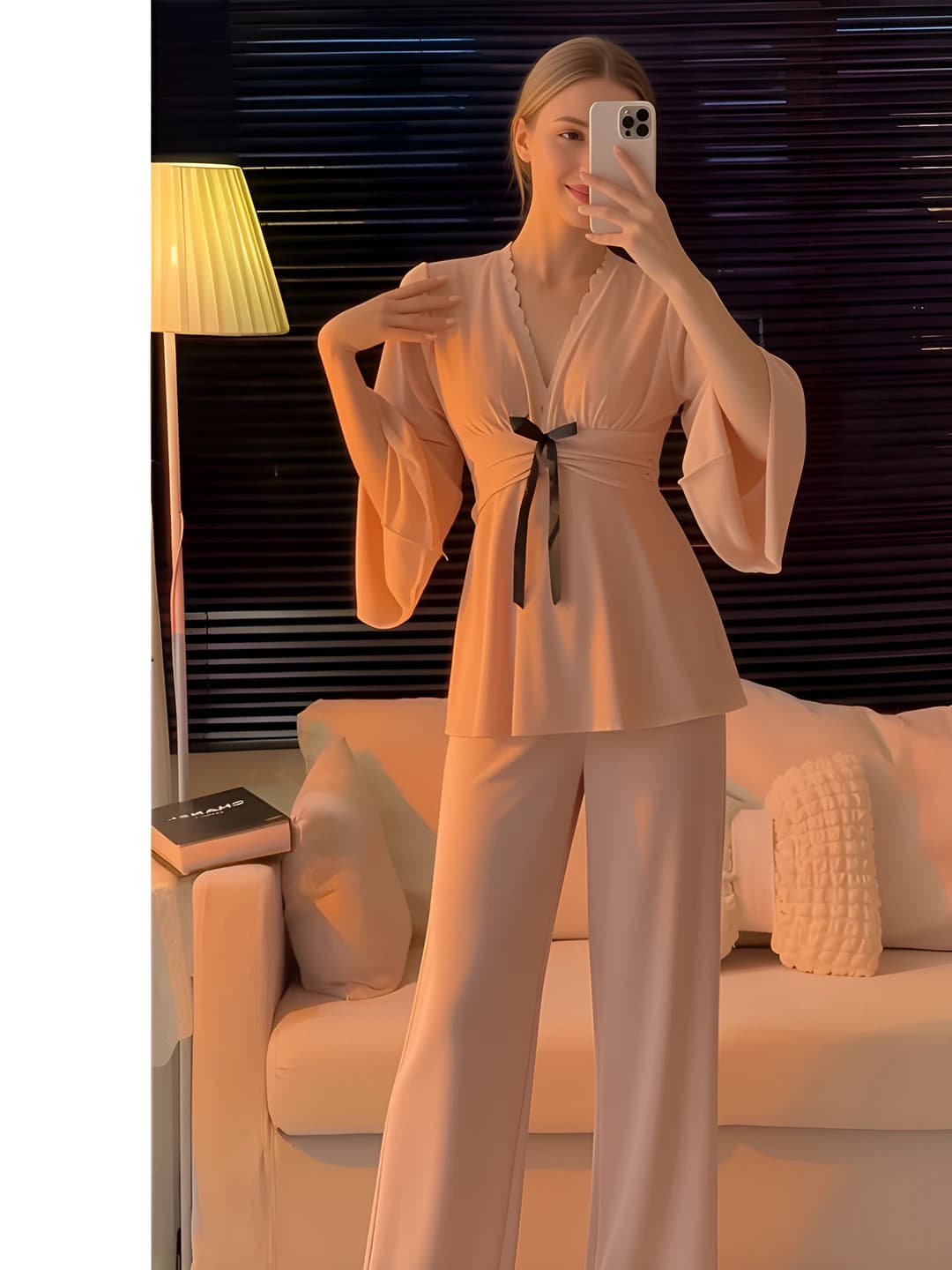 Ayollar uchun kuz-qish pijama to'plami: qalinlashtirilgan, issiq saqlaydigan, V-yoqa, uzun yeng, uzun shim, dantel, elastik, havo o'tkazuvchan, uy kiyimi