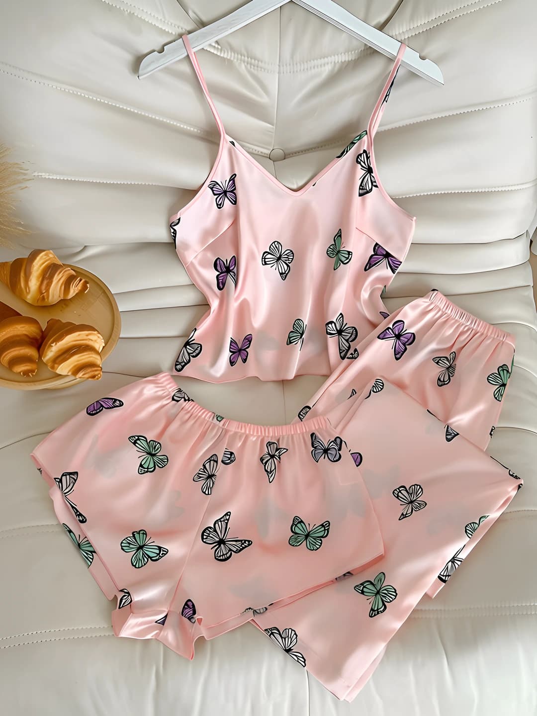 Women's printed pajama set: sleeveless camisole, shorts and trousers, thin, loose fit, breathable, casual loungewear