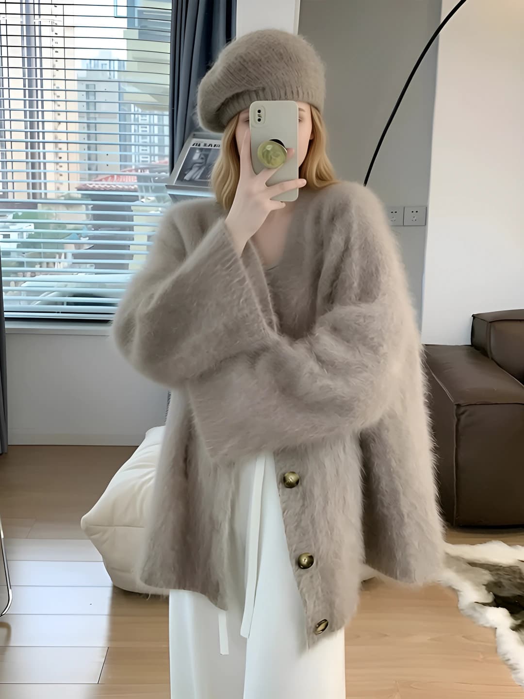 Women's knit cardigan, spring-autumn, thickened, Korean style, loose fit, V-neck, long sleeve, button closure