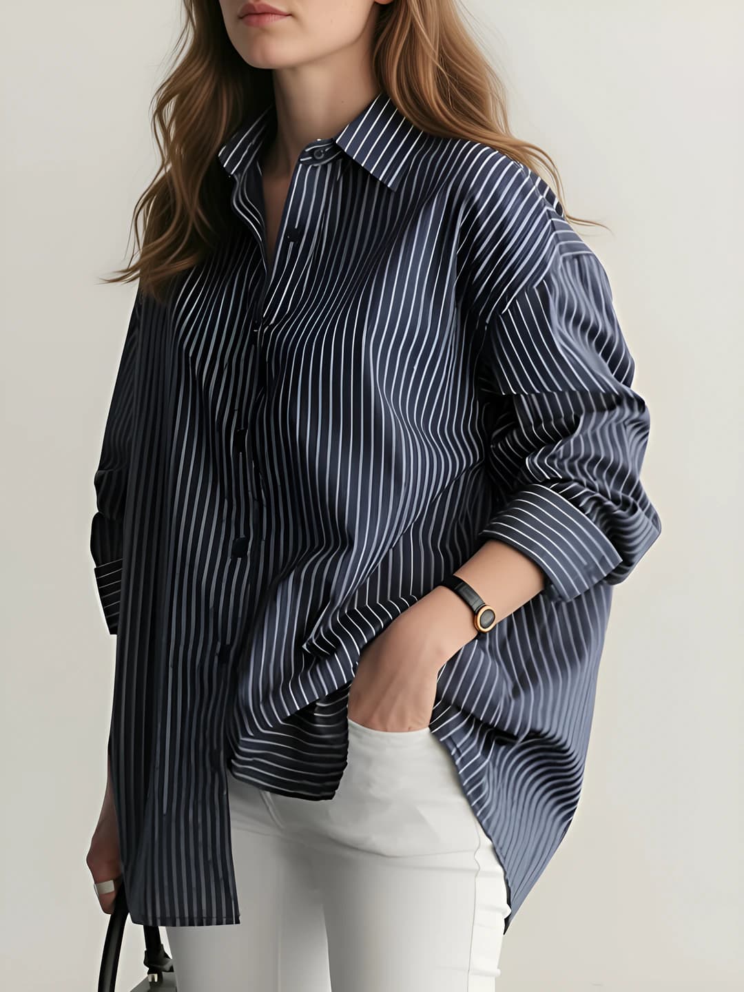 Women's mid-length, plus size, loose fit, blue striped long sleeve shirt