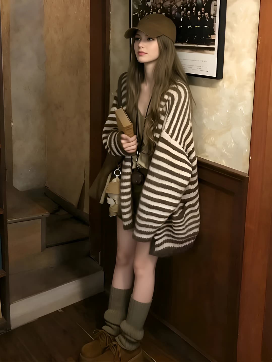 Women's striped hooded cardigan, loose fit, long sleeve, mid-length, 2026 spring-autumn