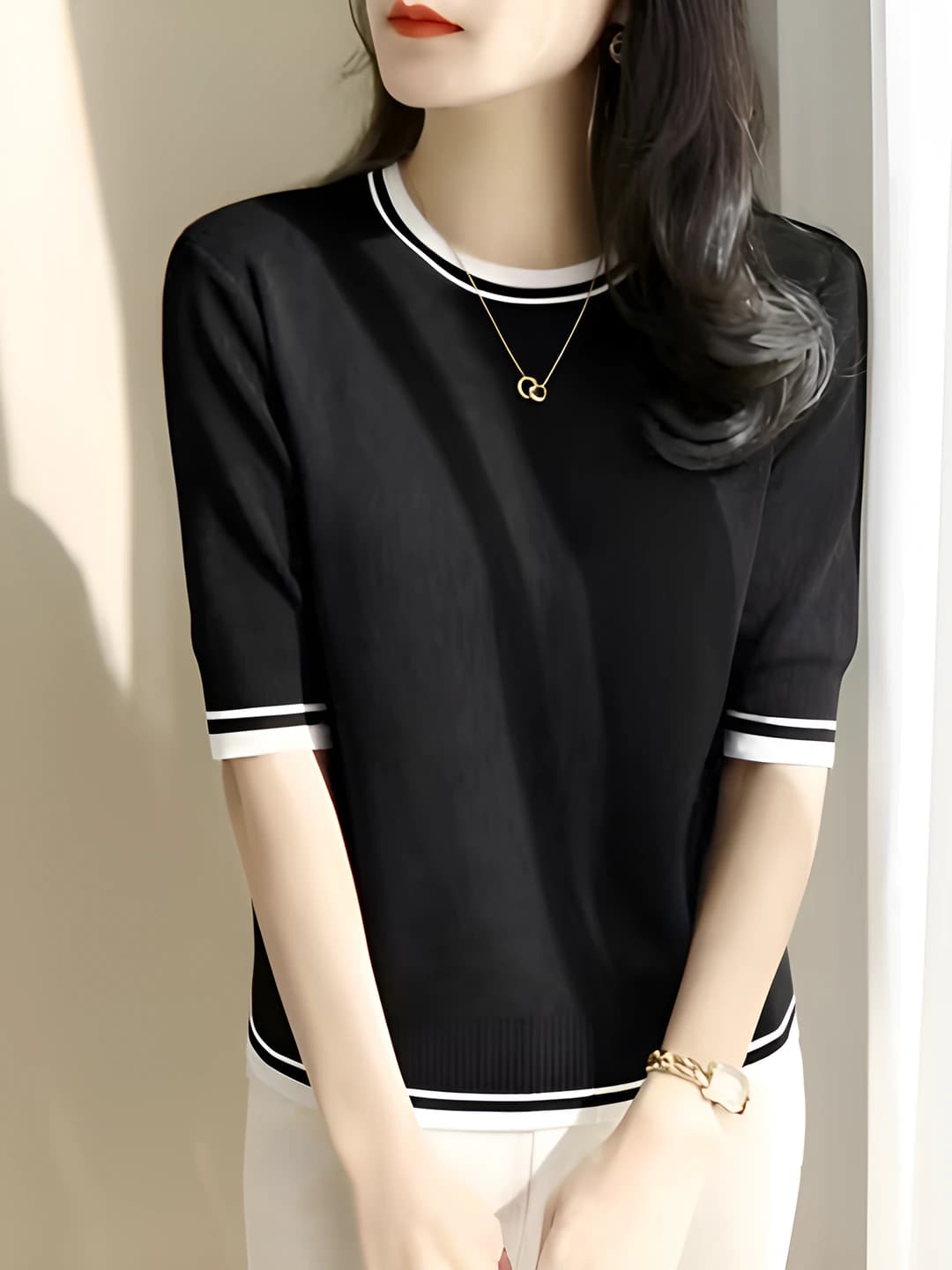 Women's 2026 crew neck, elbow-length sleeve, color-block knit top, loose fit, slimming, summer short sleeve t-shirt