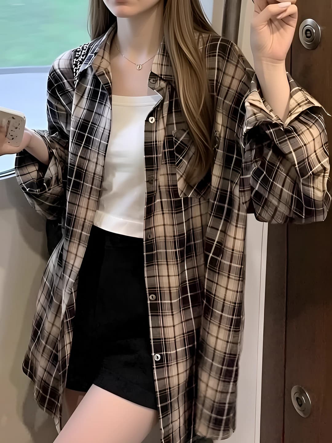 Ayollar uchun retro katak uzun yengli yupqa ko'ylak-shirt, bo'sh (oversize) kesim, quyoshdan himoyalovchi, yoz va kuz uchun