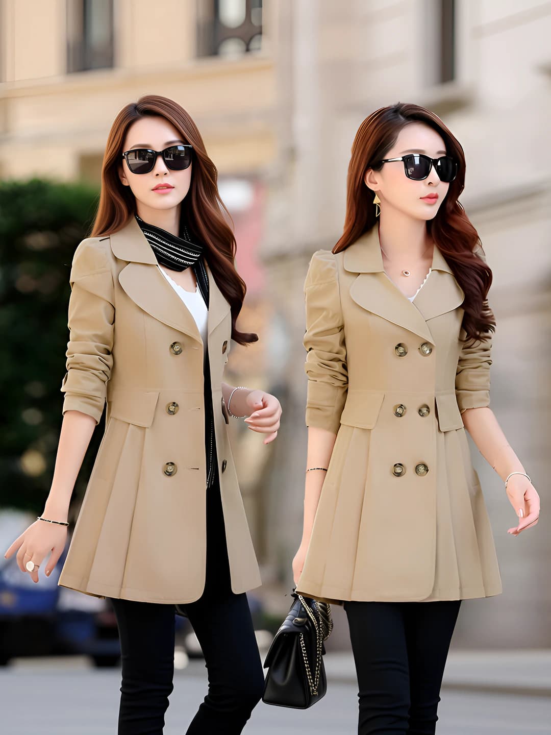 Women's Korean style trench coat for petite, spring-autumn, long sleeve, slim fit, mid-length