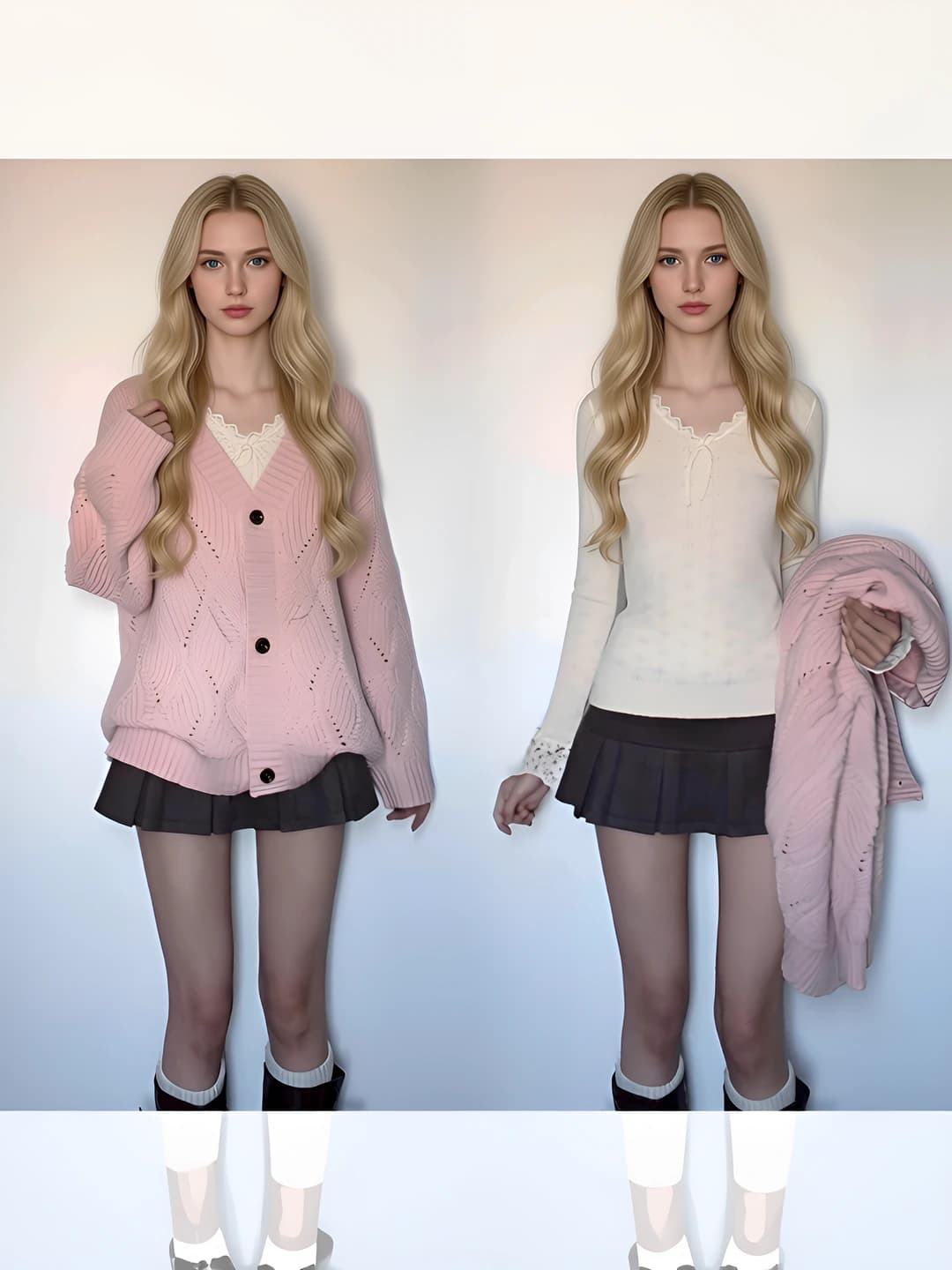 Women's 2026 spring-autumn pink V-neck openwork sweater cardigan, loose fit, long sleeve, soft