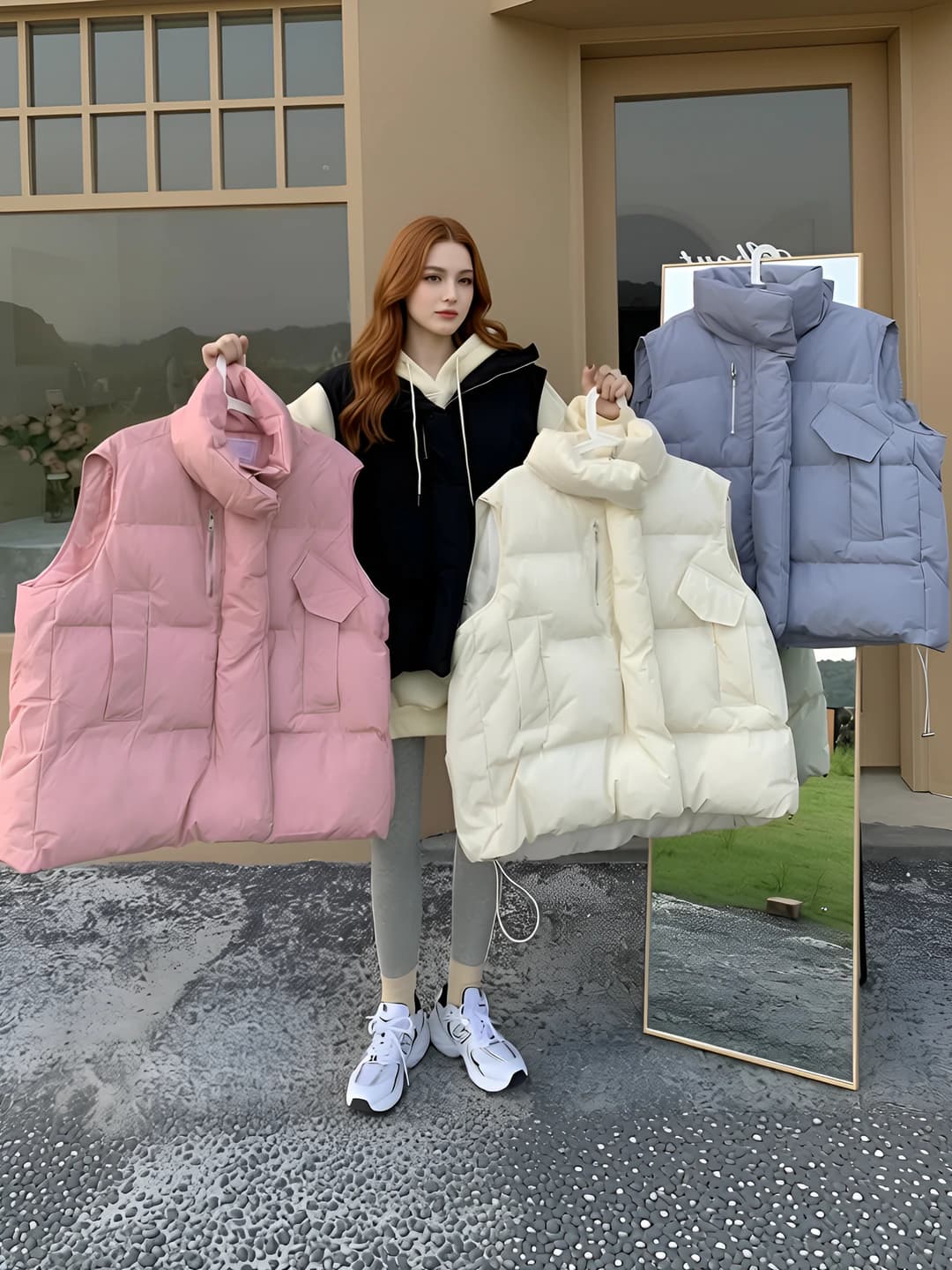 Women's insulated padded vest in Korean style for autumn-winter, loose fit, POLO collar, zip closure, plus size