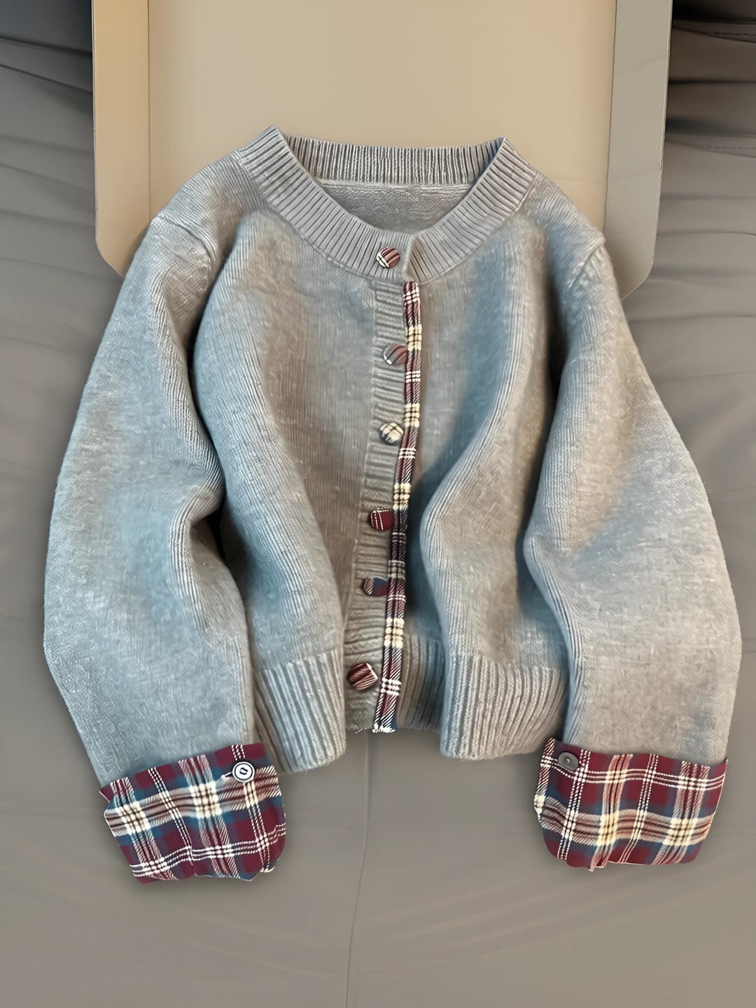 Women's autumn-winter checked knit cardigan, loose fit, long sleeve, single-breasted closure, grey