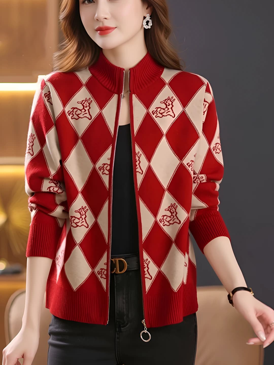 Ayollar uchun fermuarli trikotaj kardigan, uzun yeng, yarim baland yoqa, bo'sh (oversize) kesim, bahor-kuz