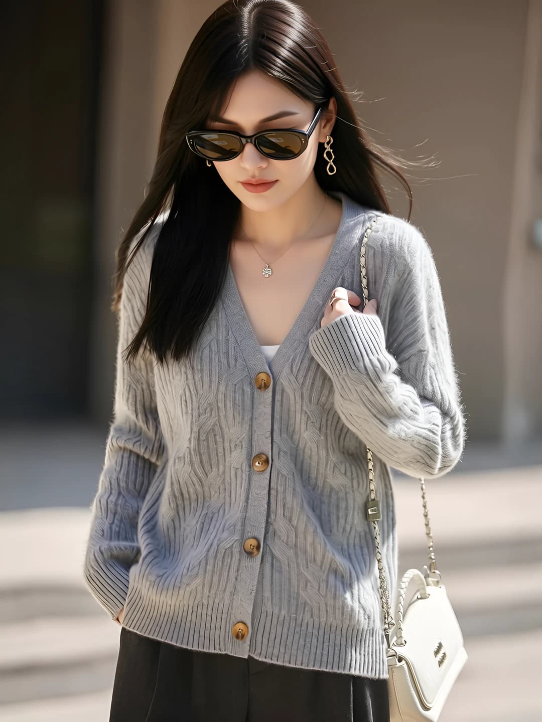 Ayollar uchun jun va kashemirli V-yoqa, qalinlashtirilgan, bo'sh (oversize) kardigan, uzun yeng, kuz-qish