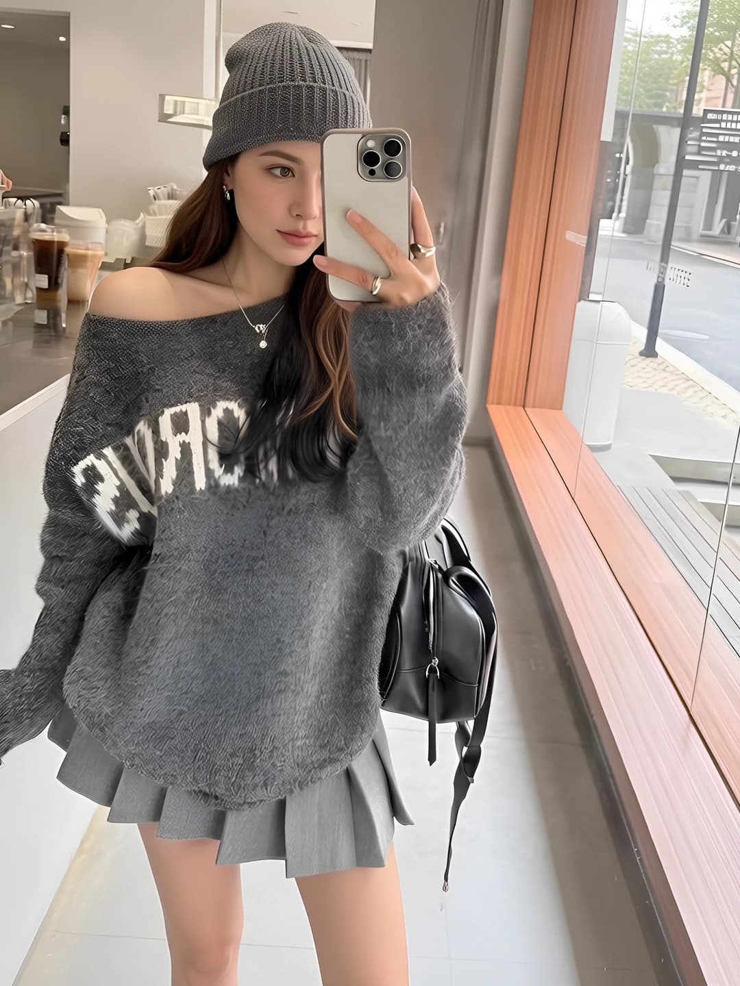 Women's autumn-winter crew neck, long sleeve, loose fit, solid colour knit sweater