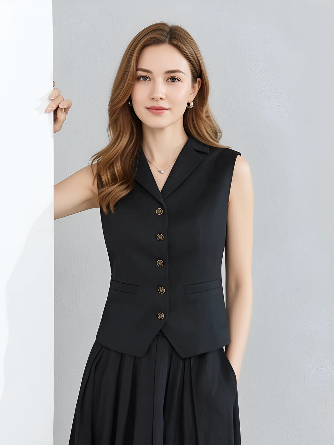 Women's sleeveless blazer vest and mid-length skirt set, main fabric share 95%+, summer, OL style