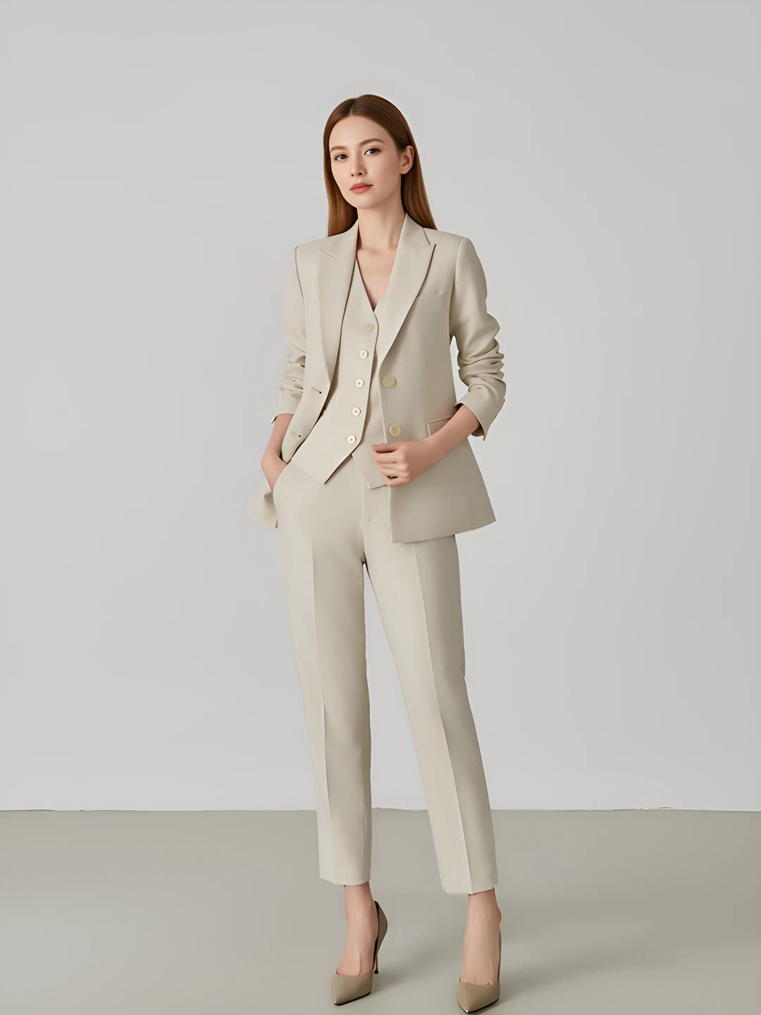Women's solid colour apricot business blazer and vest set with trousers for spring, autumn and winter