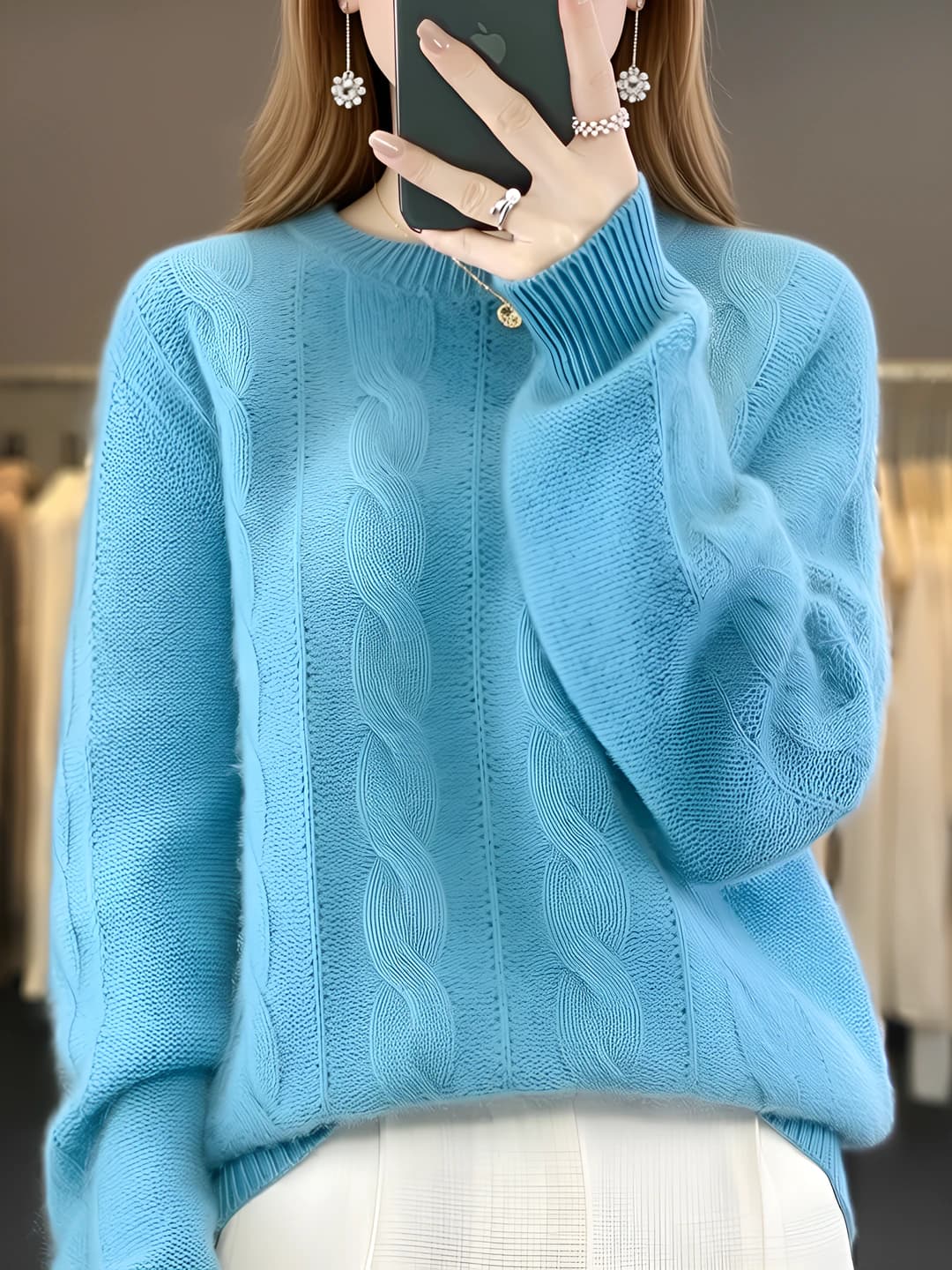 2026 Women's cable knit pullover sweater, thickened, crew neck, long sleeve, wool and cashmere, autumn-winter