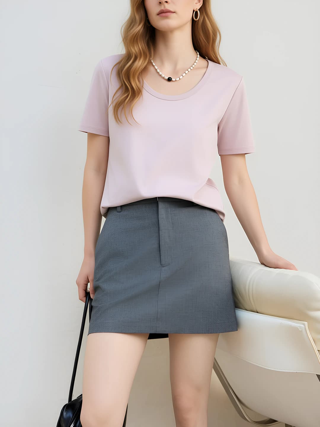 Women's pure cotton t-shirt, breathable, slimming, U-neck, short sleeve, solid colour, loose fit