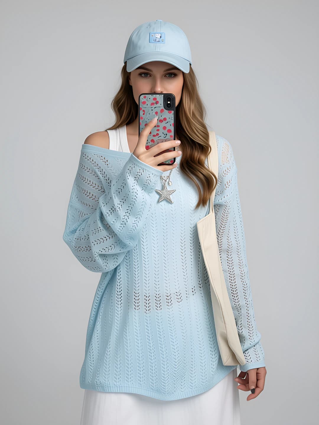 Women's spring sun-protective knitted pullover top with crew neck, long sleeve, loose fit