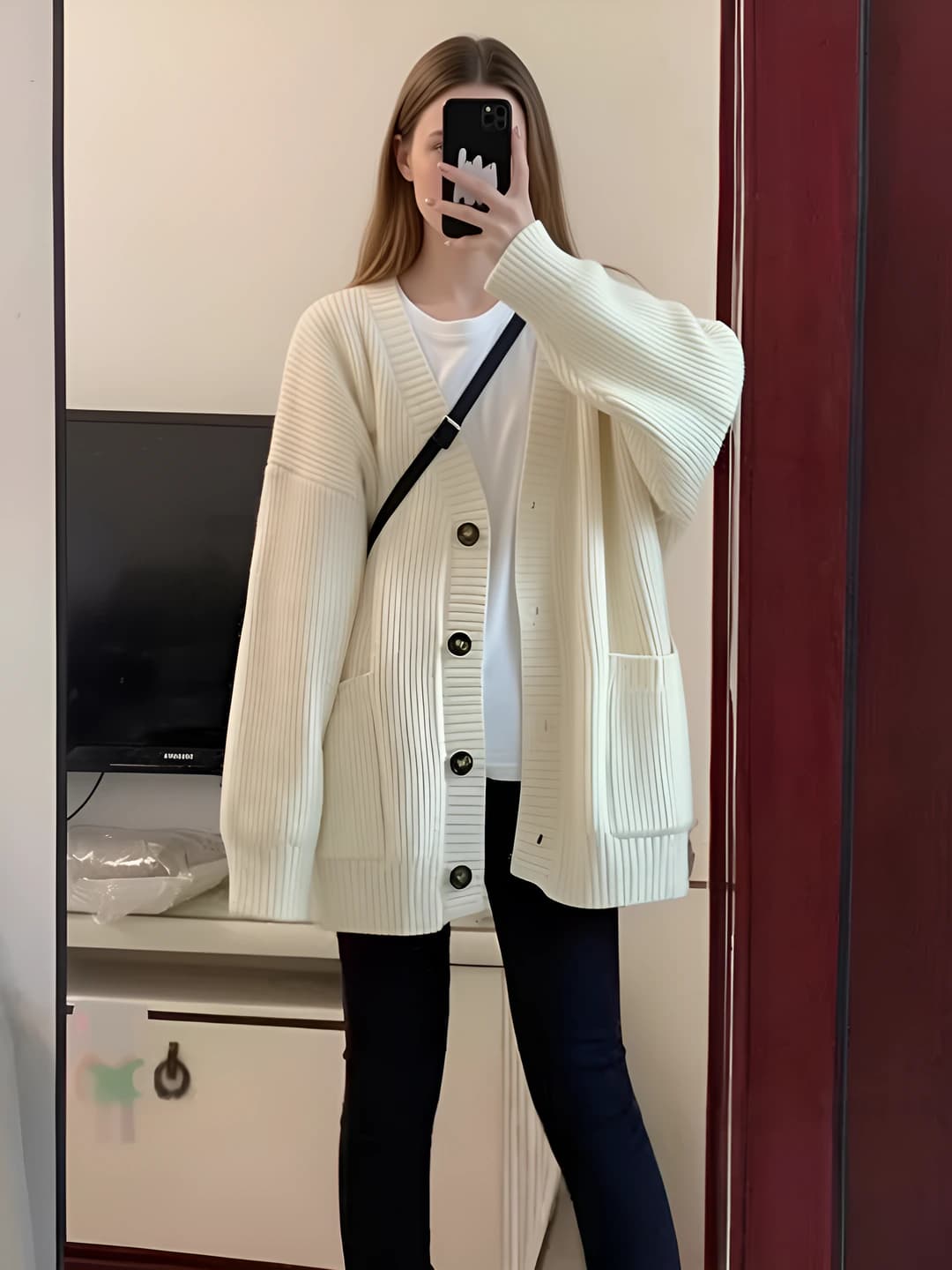Women's thickened V-neck knit cardigan, loose fit, long sleeve, mid-length, solid colour, casual