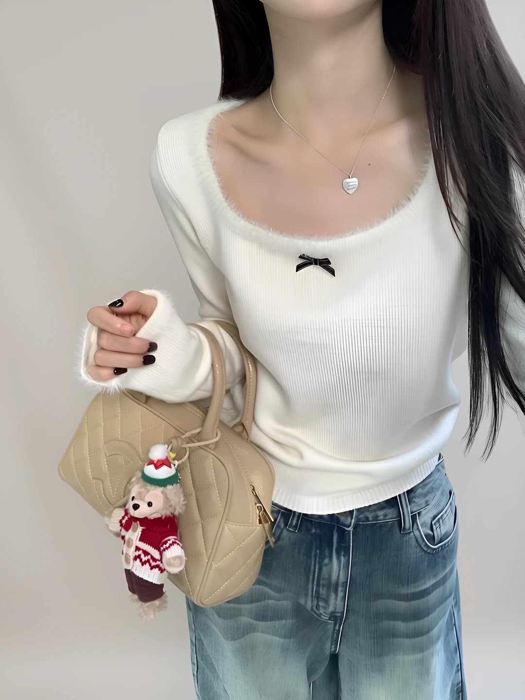 Women's autumn-winter knit top, slim fit, cropped, long sleeve, square neck, solid colour, 70-80% polyester, 30% and above spandex
