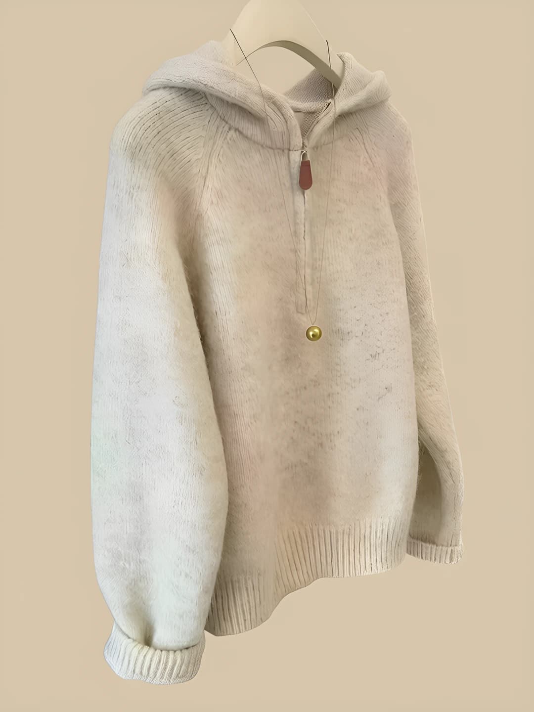 Women's hooded half-zip knit pullover sweater, autumn-winter, thick, loose fit, long sleeve, solid colour