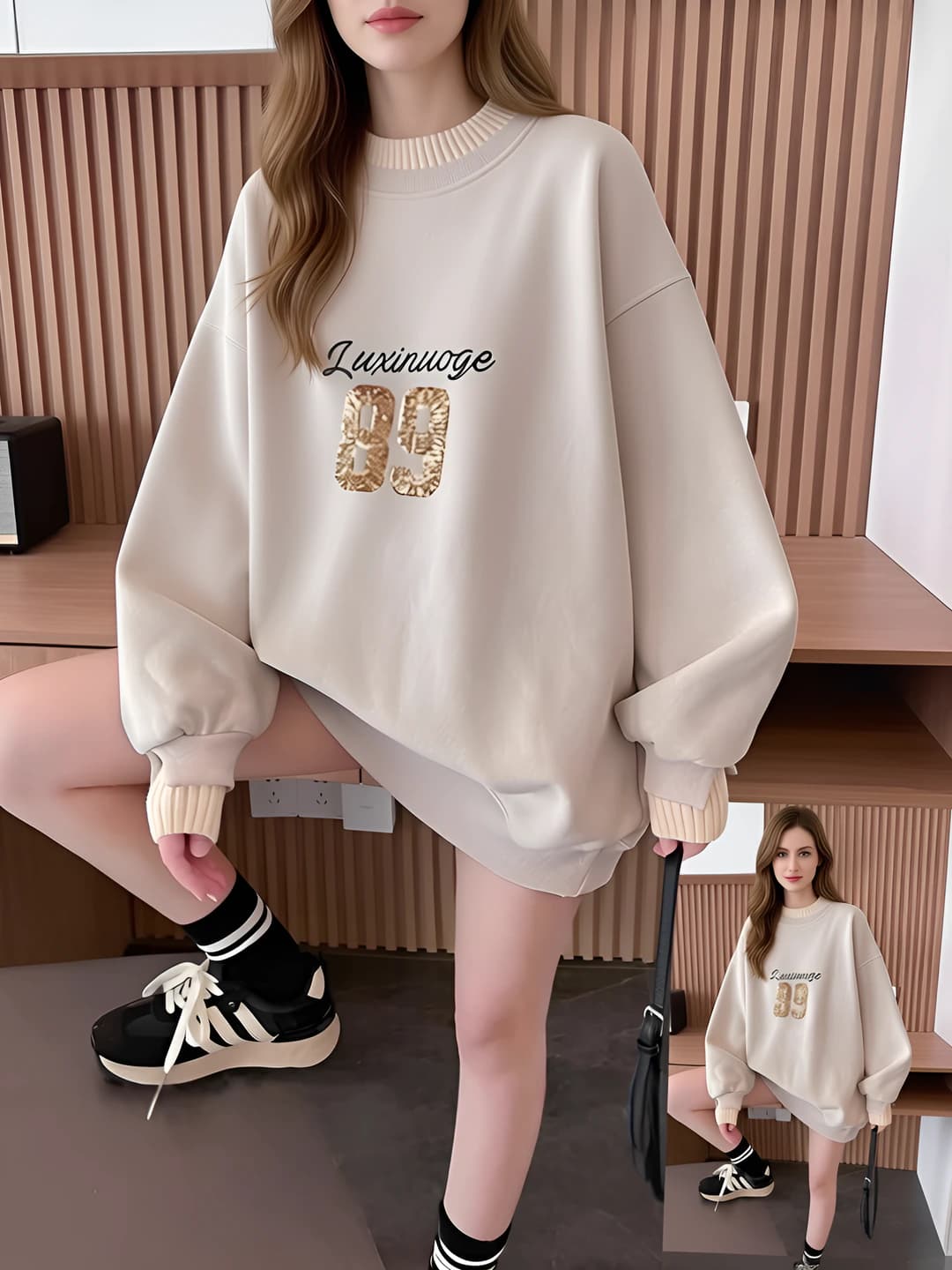 Women's warm mock neck fleece-lined sweatshirt, autumn-winter, loose fit, long sleeve, plus size
