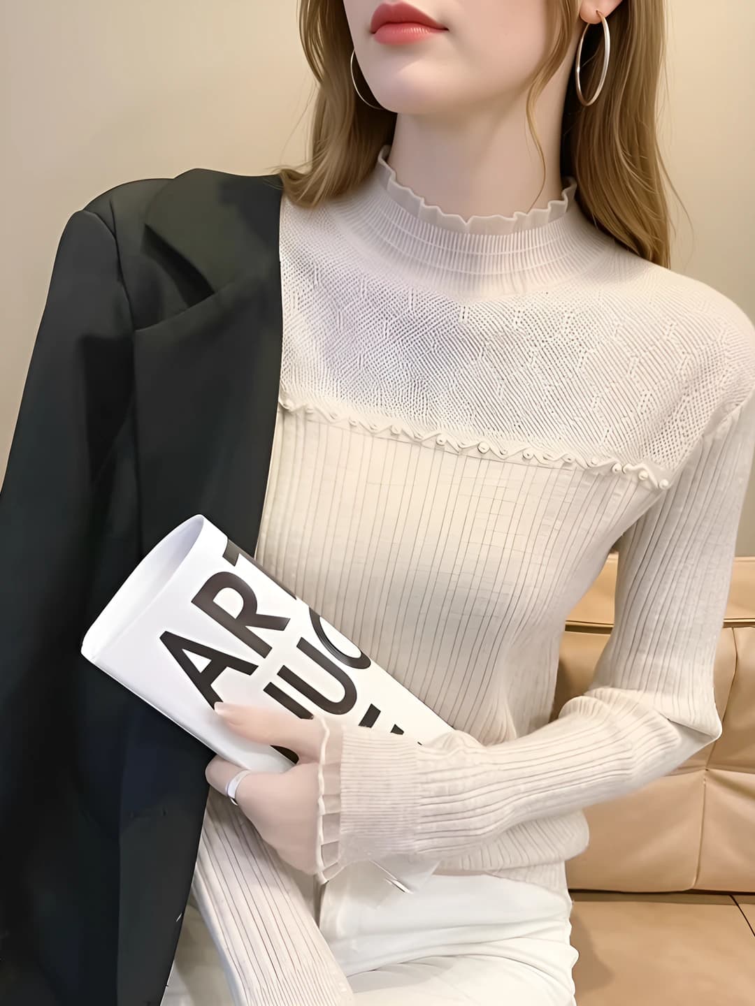 Women's 2026 spring-autumn knit top, mock neck, slim fit, lace, long sleeve, knitted top