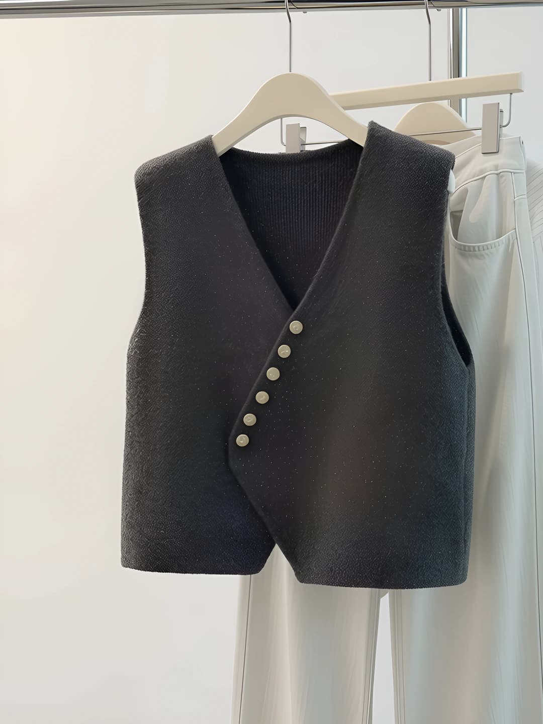 Women's autumn-winter V-neck sleeveless loose fit solid colour vest