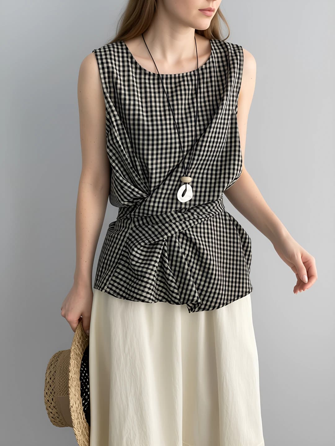 Women's checked sleeveless blouse with crew neck, basque top, summer fabric
