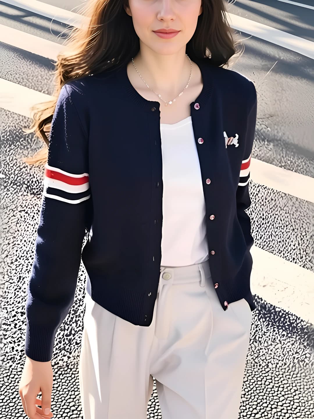 Women's autumn-winter retro embroidered crew neck long sleeve loose fit knit cardigan