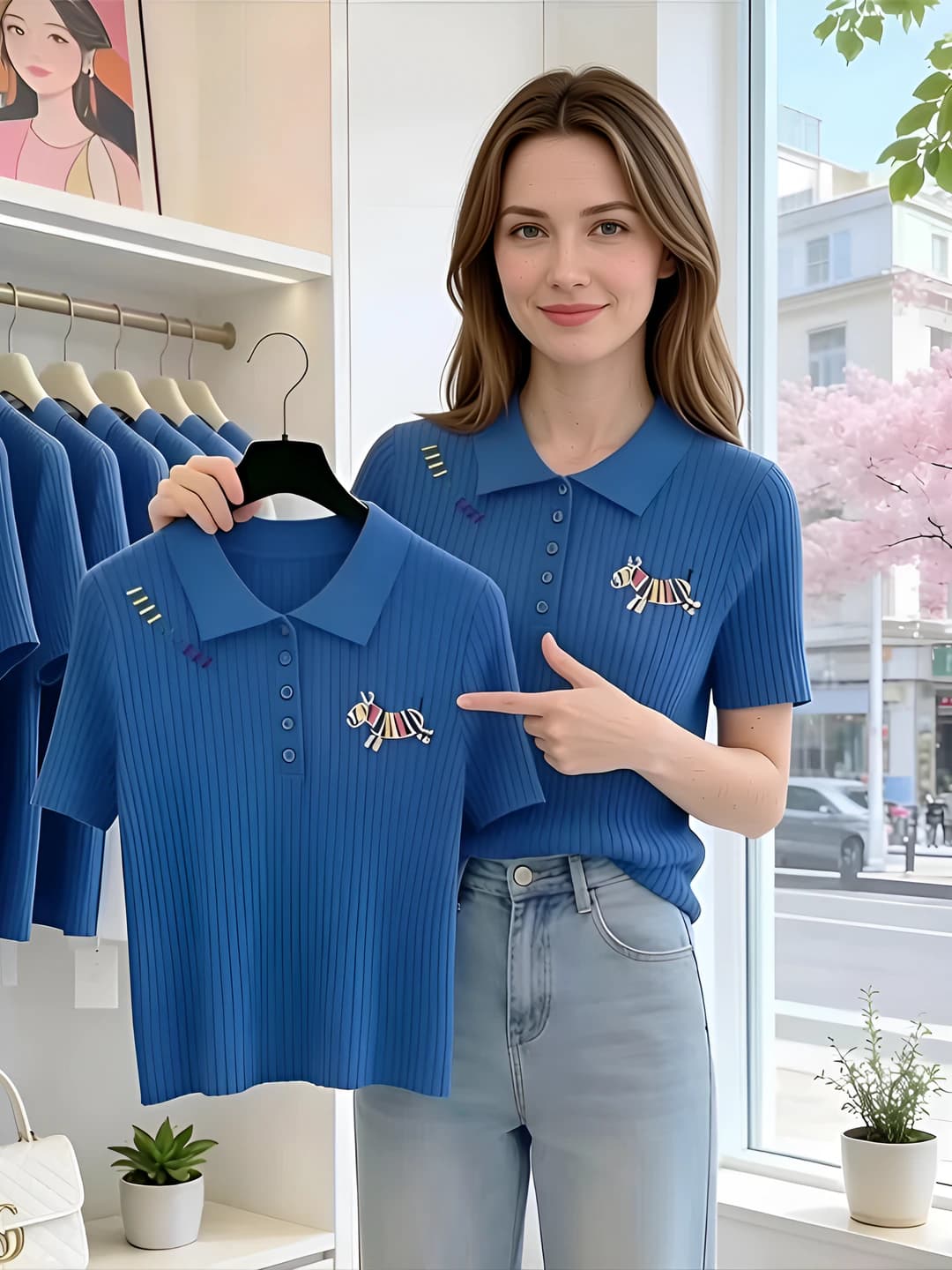 Ayollar uchun polo ko'ylagi: kalta yengli, yupqa, yozgi, qaytarma yoqali, tanaga yopishgan, kashtali, ko'k rangli