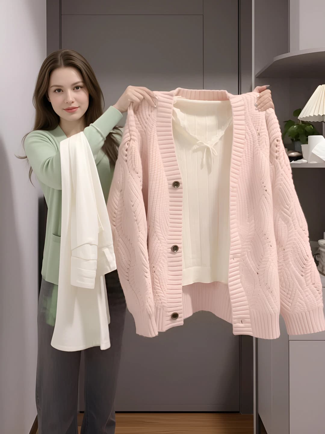 Women's 2026 spring-autumn pink knit cardigan, loose fit, crew neck, long sleeve, button closure