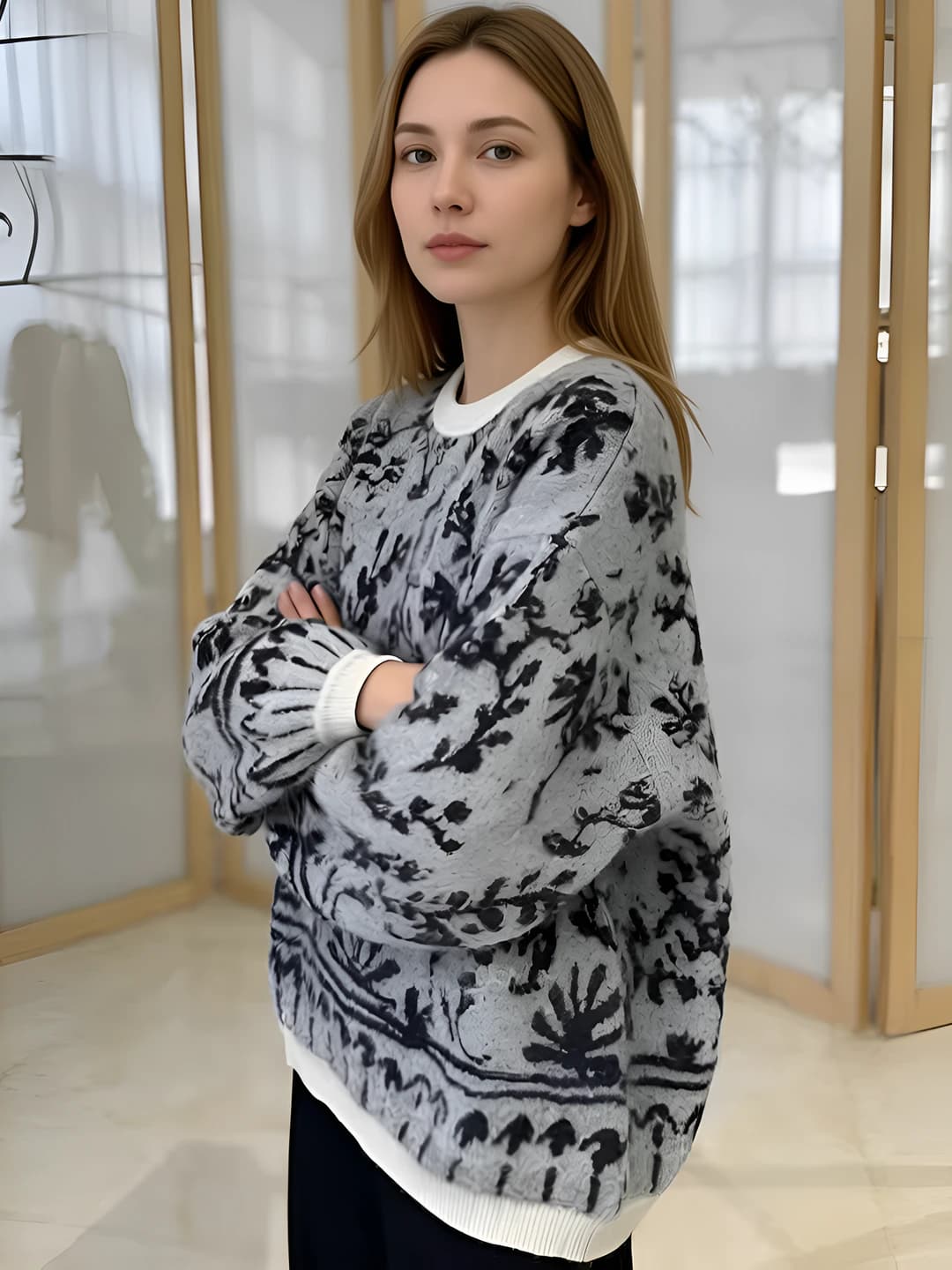 Ayollar uchun kashemir va junli trikotaj sviter, dumaloq yoqa, bo'sh (oversize) kesim, uzun yeng, kuz-qish