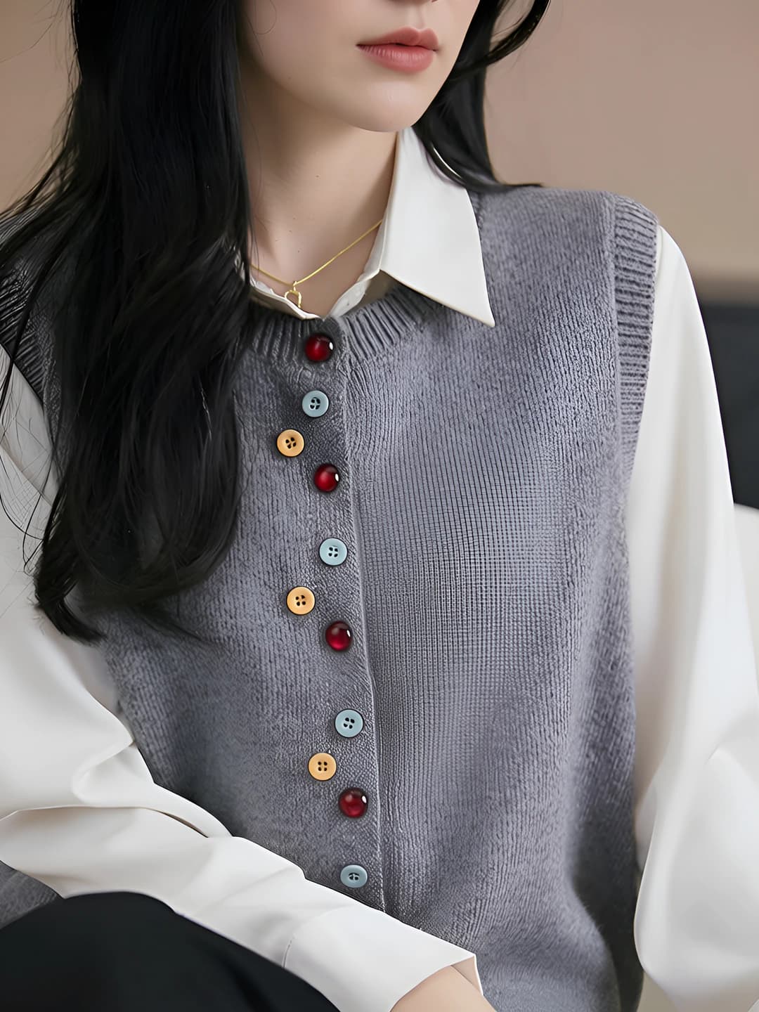 Ayollar uchun trikotaj jilet, bahor-kuz uchun yupqa, dumaloq yoqa, bo'sh (oversize) kesim, ko'ylak-shirt bilan birikma, old qismi yopilishi: yagona qator tugma