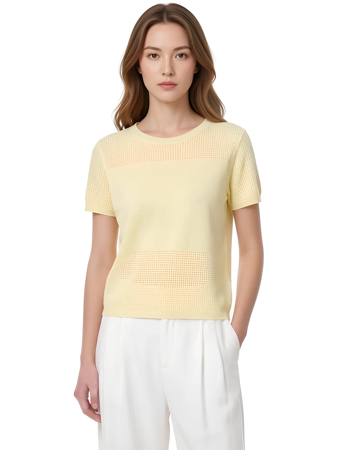 Women's knit top, crew neck, short sleeve, loose fit, solid colour, summer 2026