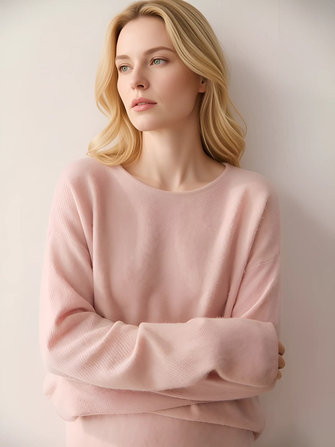 Women's 2026 autumn-winter cashmere crew-neck pullover sweater, long sleeve, loose fit, solid colour, flared hem