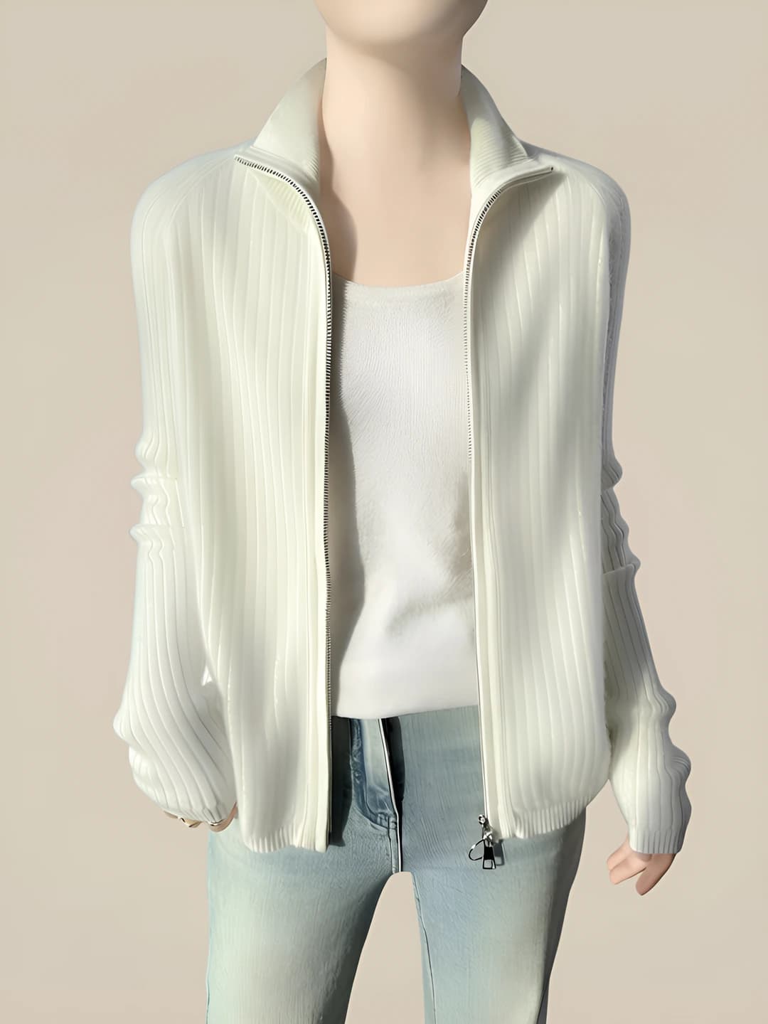 Women's 100% wool and cashmere 2026 autumn-winter mock neck zip long sleeve cardigan sweater