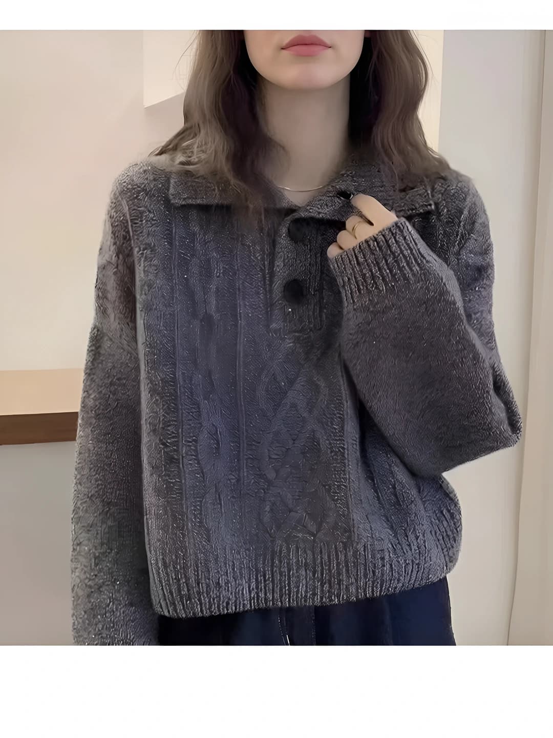 Women's polo collar sweater, solid colour, loose fit, autumn-winter