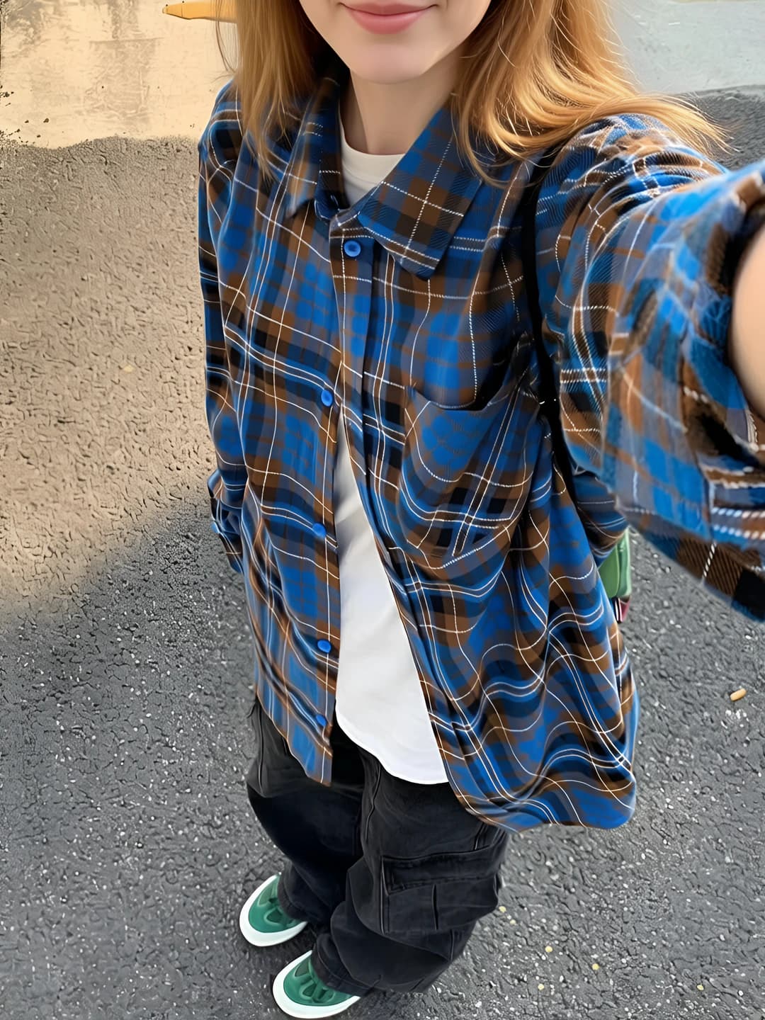 Ayollar uchun koreys uslubida retro katak ko'ylak-shirt, yoz va kuz mavsumi, bo'sh (oversize) kesim, uzun yeng, POLO yoqa, kundalik uslub