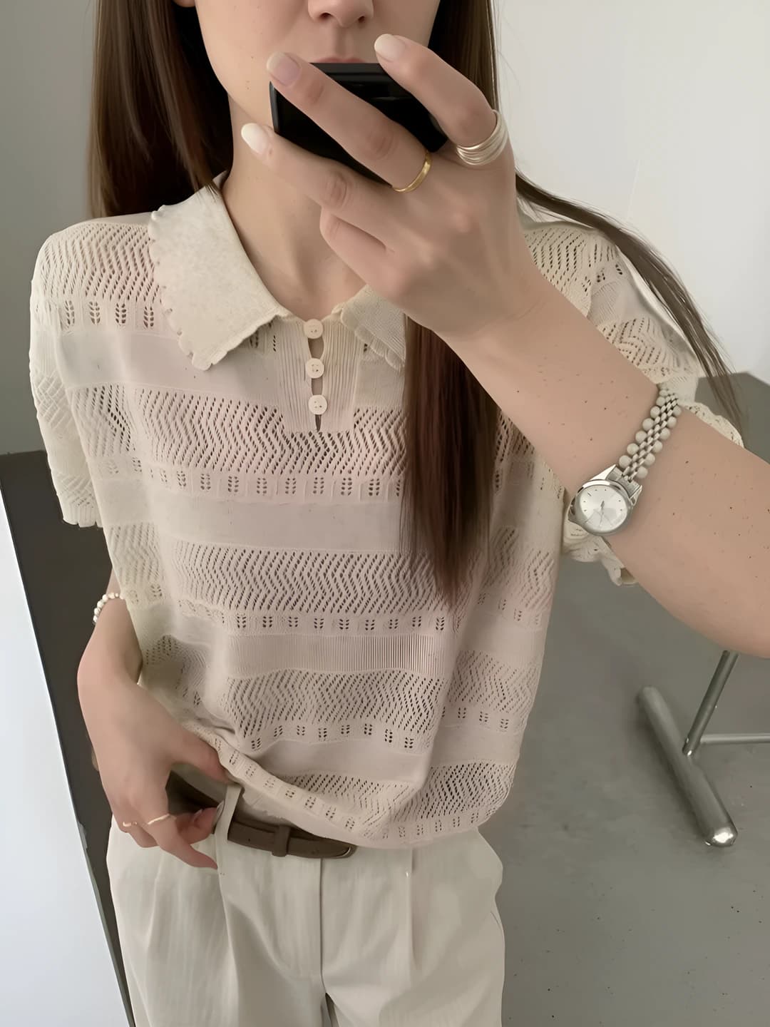 Women's summer knitted polo top: lapel collar, solid colour, loose fit, short sleeve, slimming