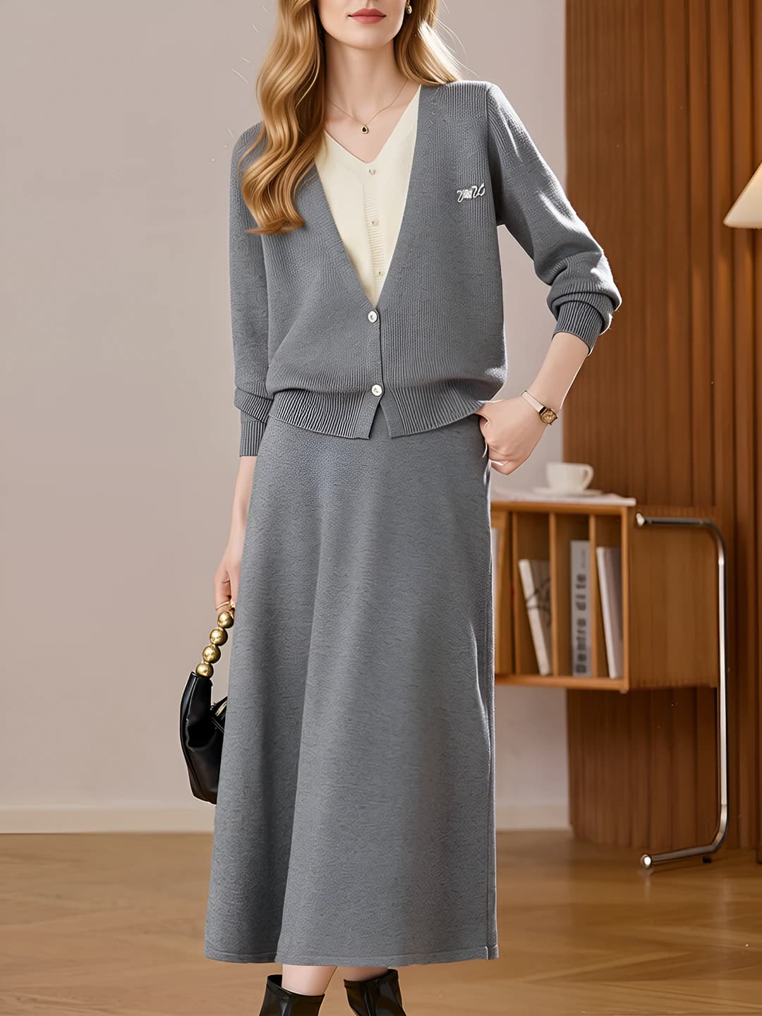 Women's knit cardigan and long skirt set, V-neck, solid colour, long sleeve, autumn-winter