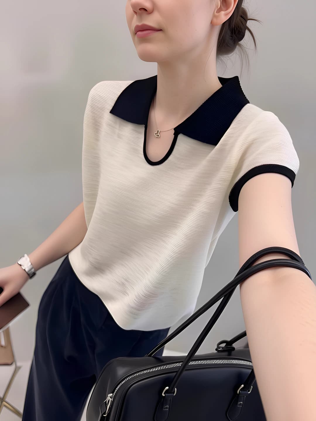 Women's 2026 summer knit top, lapel collar, short sleeve, loose fit, ice-silk fabric