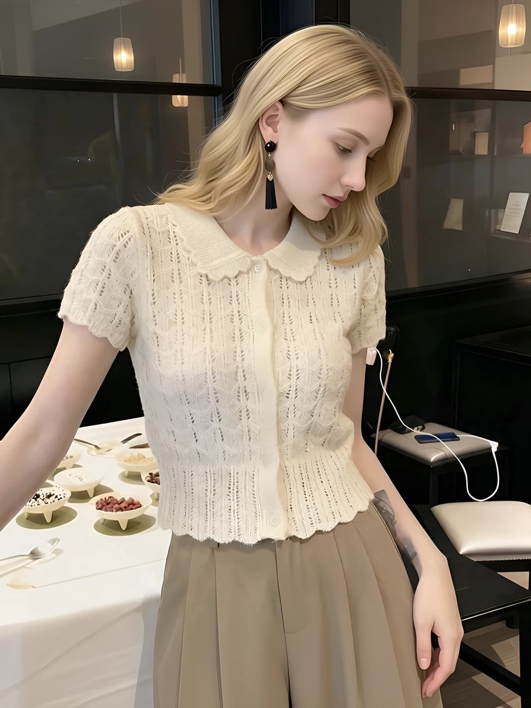 Women's summer knit cardigan, lapel collar, short sleeve, slim fit, slimming, cropped, designed