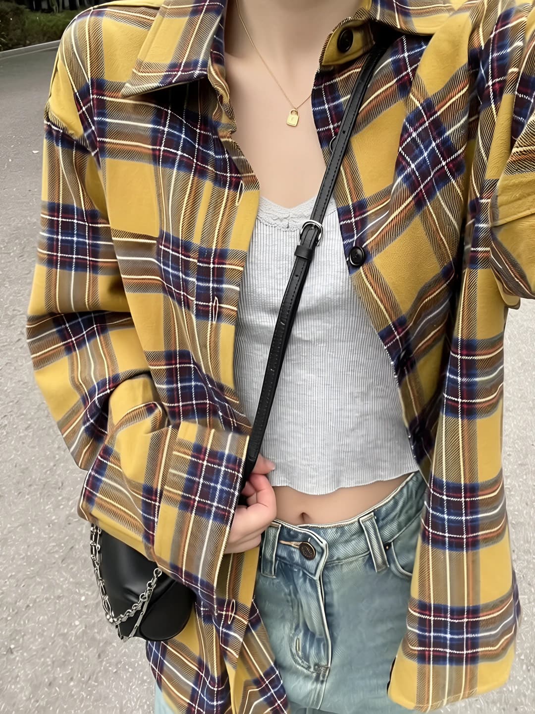 Women's retro checked shirt, long sleeve, POLO collar, loose fit, casual style, for summer and autumn