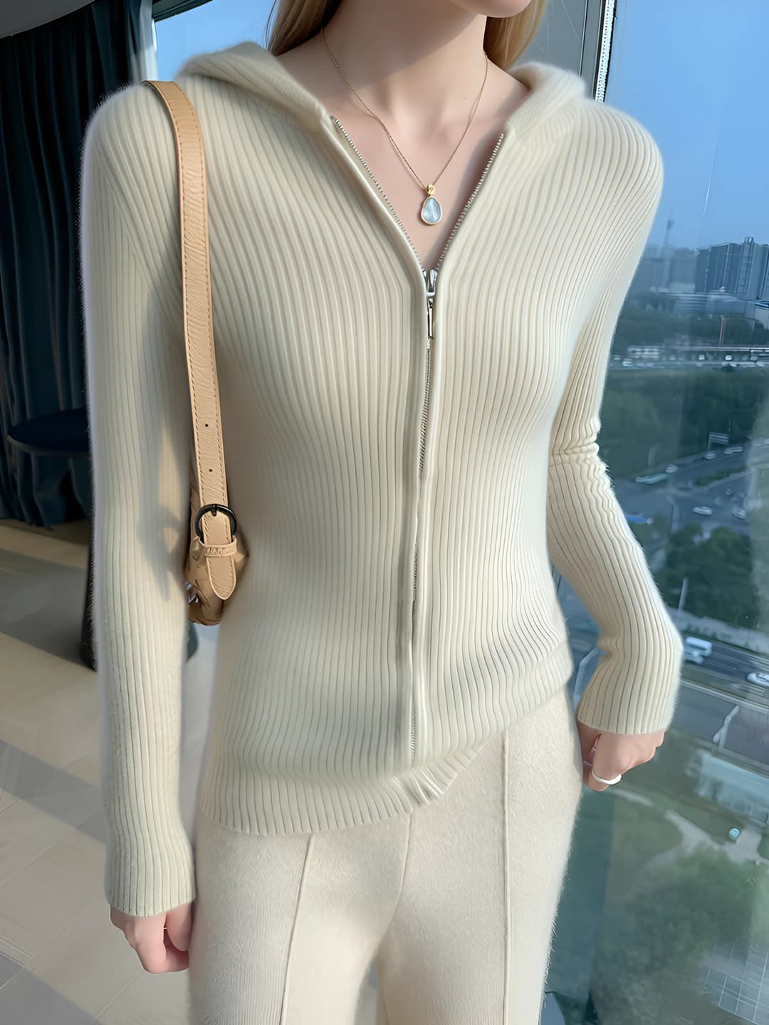 Women's autumn-winter wool cardigan, zip closure, loose fit, long sleeve, thick sweatshirt