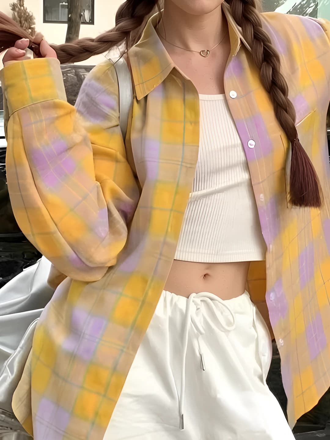 Ayollar uchun sariq katak ko'ylak-shirt, bahor-kuz va yoz uchun, koreys uslubida, bo'sh (oversize) kesim, kundalik, nozik ko'rsatadigan, quyoshdan himoyalovchi, uzun yeng, POLO yoqa, o'rta-uzun