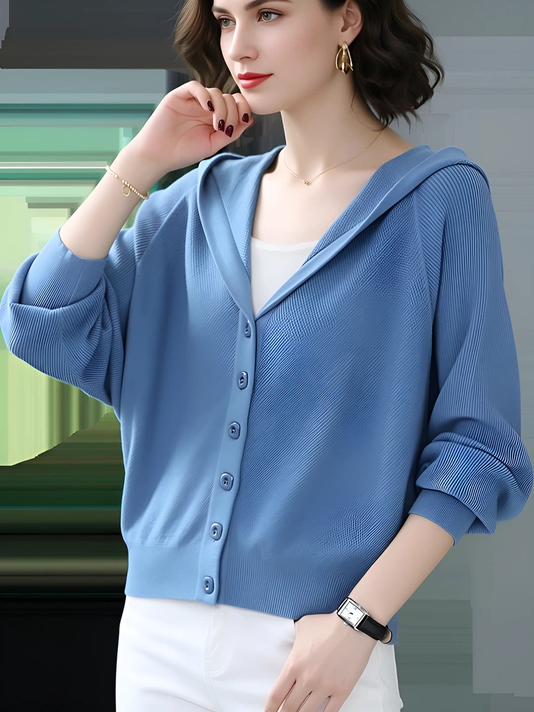 Women's 2026 spring-autumn Korean style short knit cardigan, loose fit, long sleeve, hooded, button closure