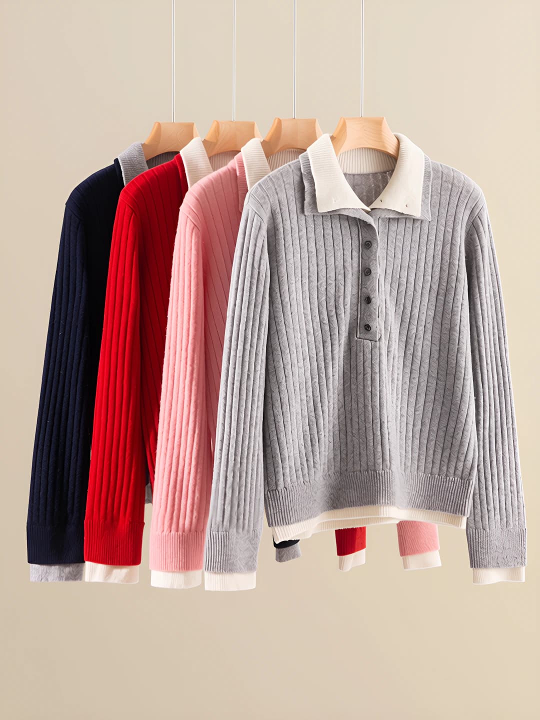 Women's 100% wool knit top, lapel collar, long sleeve, medium thickness, business style