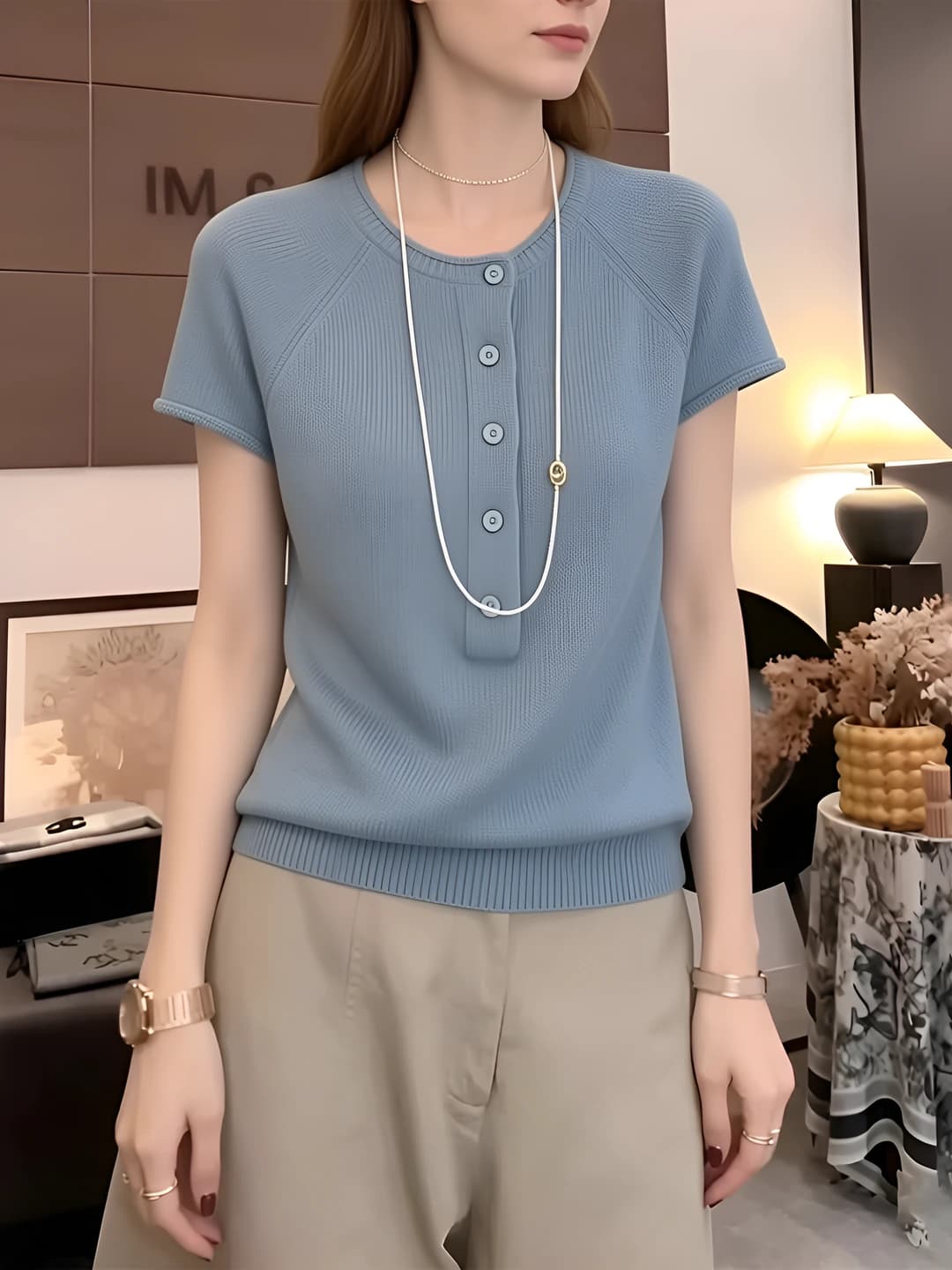 Women's thin knit top, short sleeve, crew neck, summer, casual style